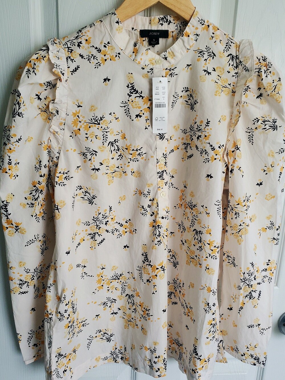 J Crew NWT Cotton Puff Sleeve Popover Floral Top Long Sleeve Size S
